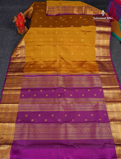Pure Kanjivaram Silk Saree - Olive Mustard Yellow Colour Body Butta With Contrast Dark purple Traditional Border