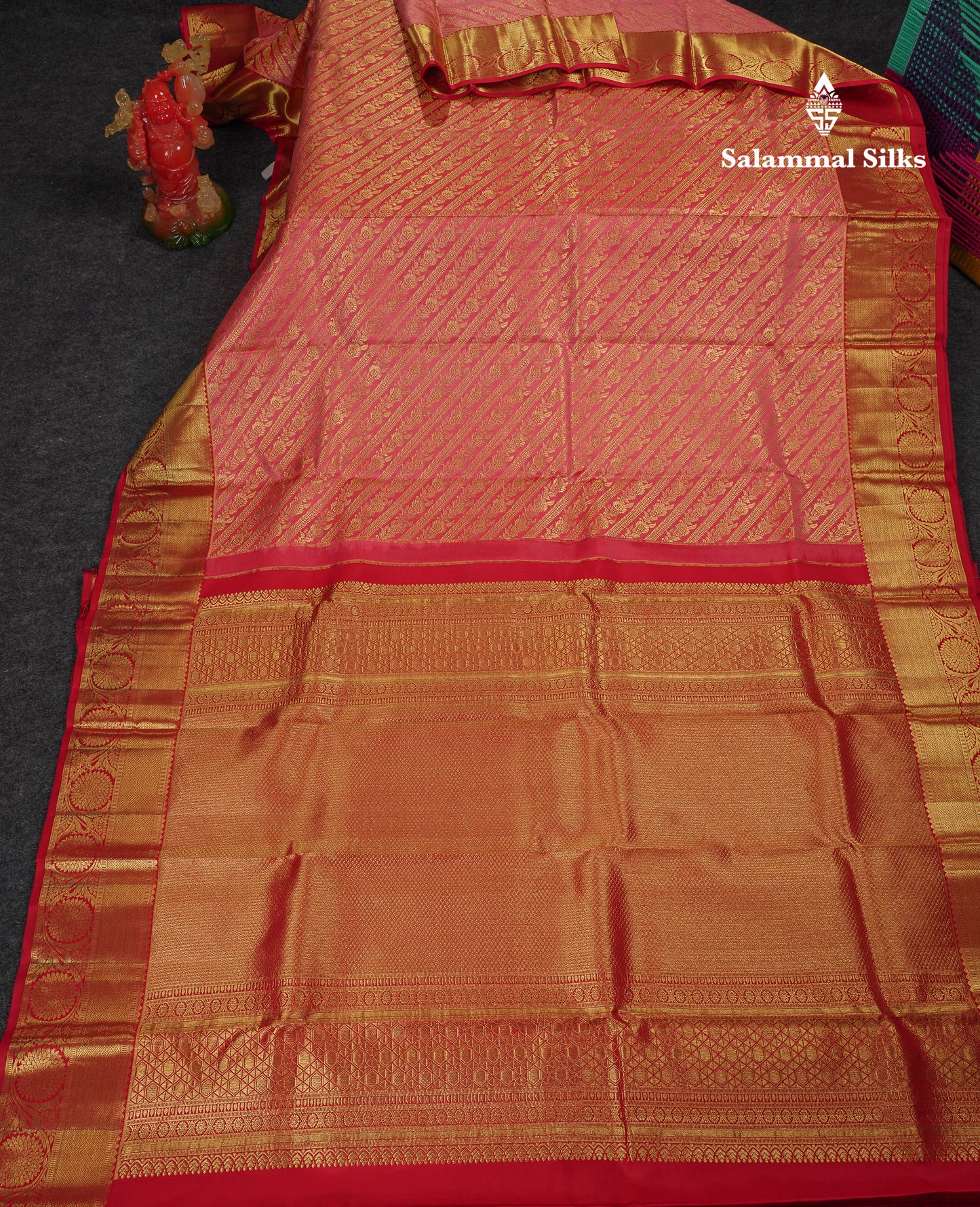 Beautiful Dark Peach Bridal Pure Kanjivaram Silk Saree With Contrast Chilly Red Traditional Border