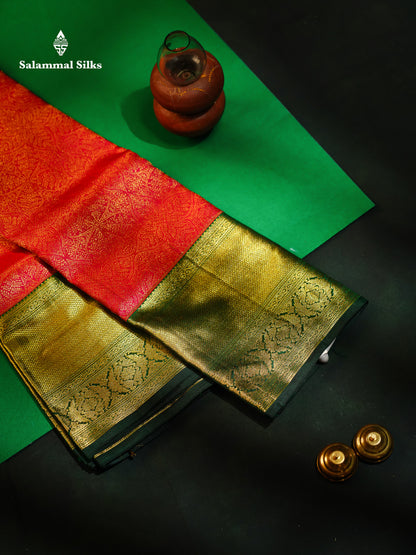 Beautiful Pink Bridal Pure Kanjivaram Silk Saree With Contrast Bottle Green Traditional Border