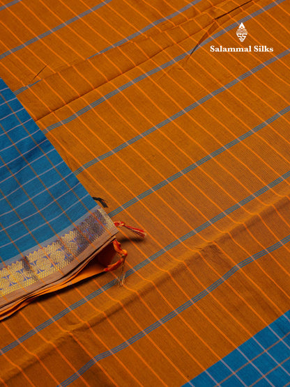 Beautiful Peacock Blue Thread Checks Semi Silk Cotton Saree With Mustard Yellow Traditional Small border