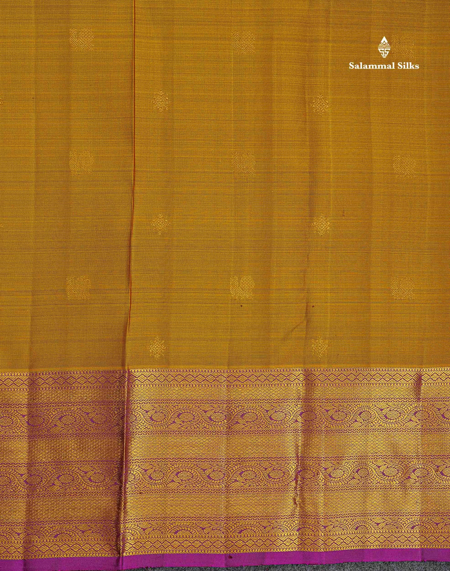 Pure Kanjivaram Silk Saree - Olive Mustard Yellow Colour Body Butta With Contrast Dark purple Traditional Border