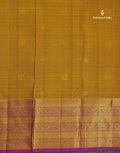 Pure Kanjivaram Silk Saree - Olive Mustard Yellow Colour Body Butta With Contrast Dark purple Traditional Border