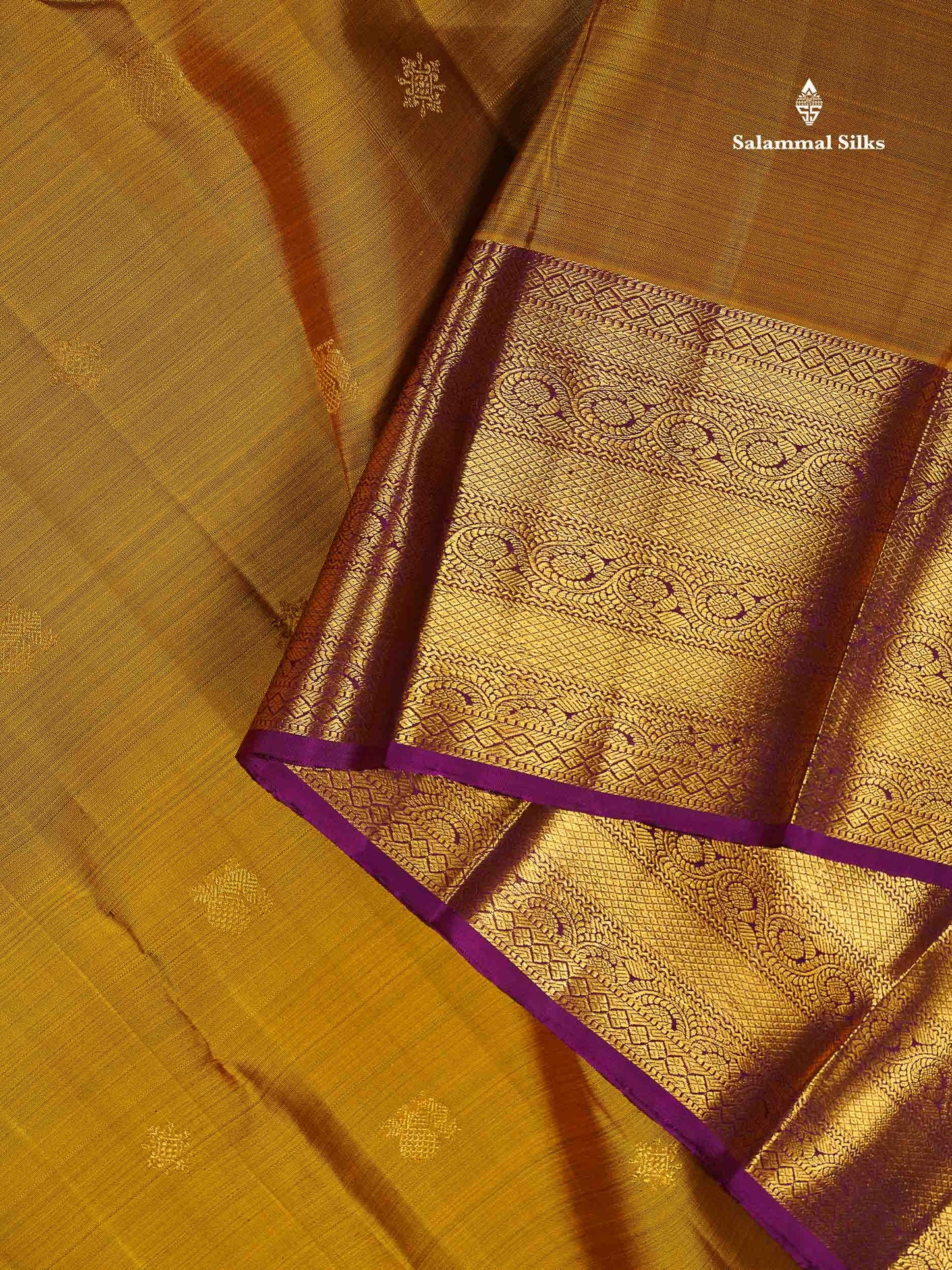 Pure Kanjivaram Silk Saree - Olive Mustard Yellow Colour Body Butta With Contrast Dark purple Traditional Border