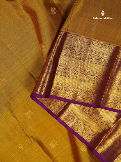 Pure Kanjivaram Silk Saree - Olive Mustard Yellow Colour Body Butta With Contrast Dark purple Traditional Border