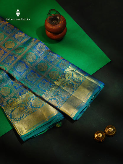 Beautiful Dual Tone Peacock Blue Bridal Pure Kanjivaram Silk Saree With Traditional Border