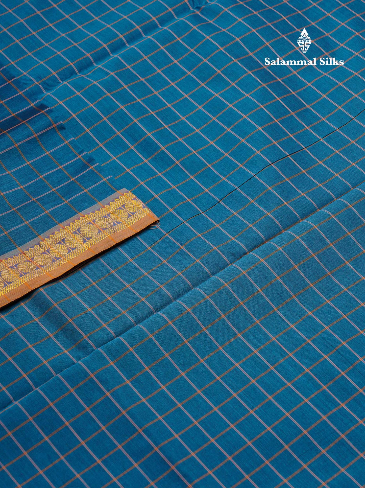 Beautiful Peacock Blue Thread Checks Semi Silk Cotton Saree With Mustard Yellow Traditional Small border