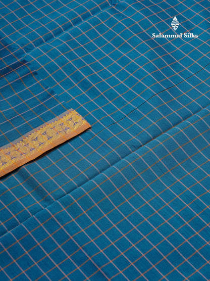 Beautiful Peacock Blue Thread Checks Semi Silk Cotton Saree With Mustard Yellow Traditional Small border