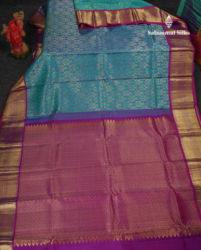 Beautiful Peacock Blue Bridal Pure Kanjivaram Silk Saree With Contrast Vadamalli Traditional Border