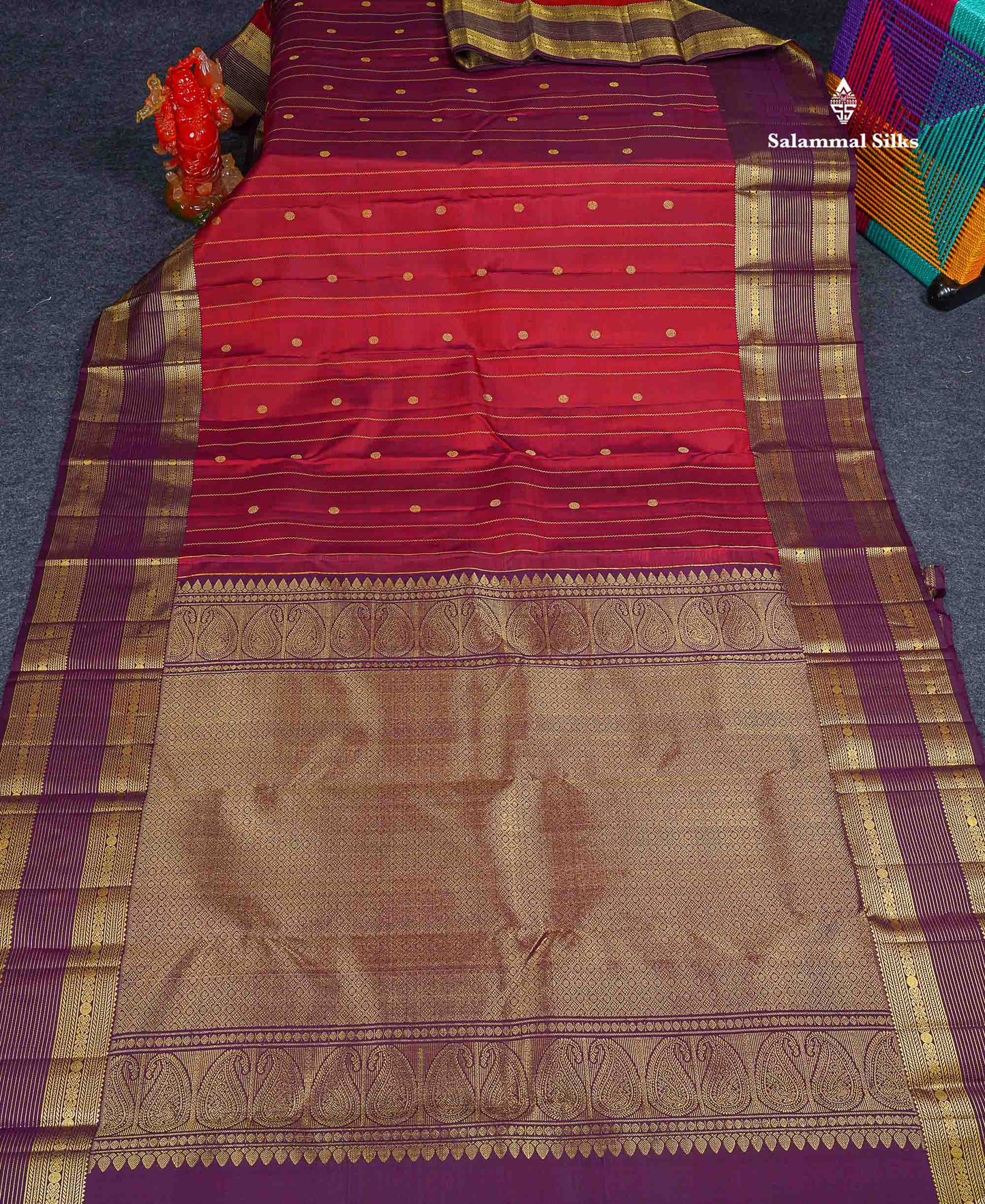Pure Kanjivaram Silk Saree - Dual Tone Maroon Colour Body stripes With Contrast Dark Purple Border