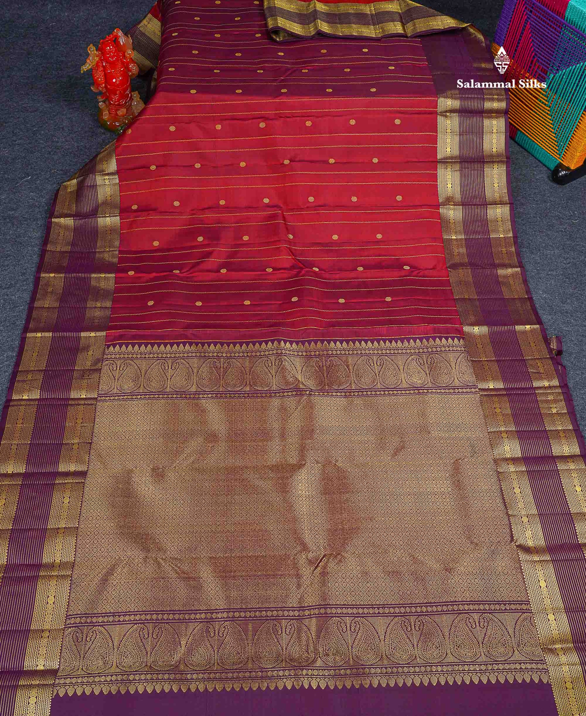 Pure Kanjivaram Silk Saree - Dual Tone Maroon Colour Body stripes With Contrast Dark Purple Border