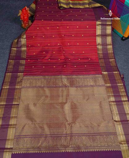 Pure Kanjivaram Silk Saree - Dual Tone Maroon Colour Body stripes With Contrast Dark Purple Border