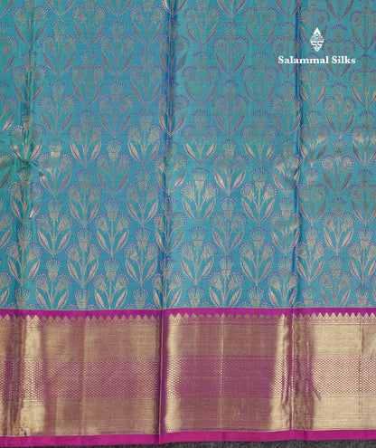 Beautiful Peacock Blue Bridal Pure Kanjivaram Silk Saree With Contrast Vadamalli Traditional Border