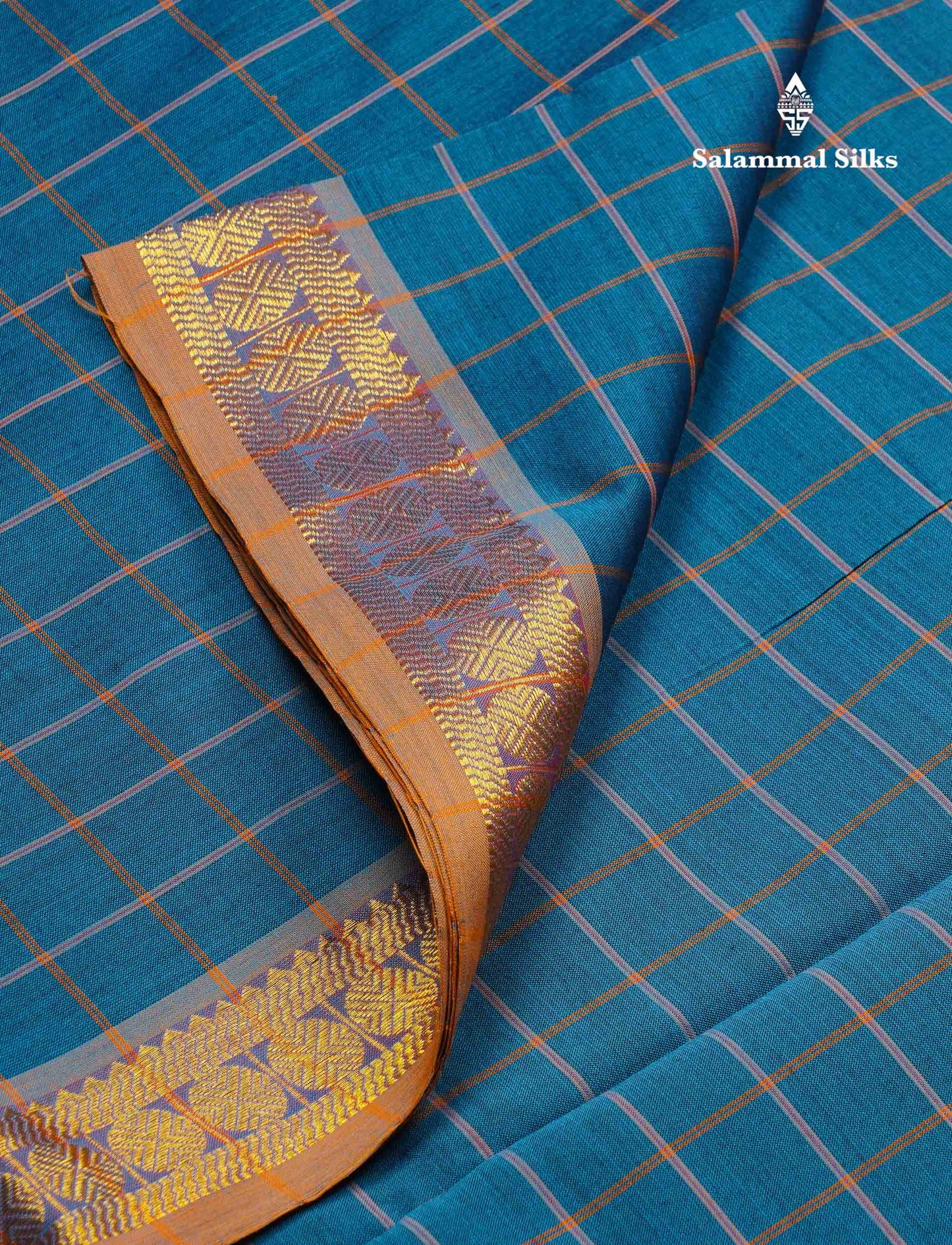 Beautiful Peacock Blue Thread Checks Semi Silk Cotton Saree With Mustard Yellow Traditional Small border