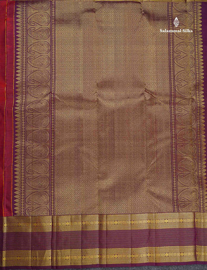 Pure Kanjivaram Silk Saree - Dual Tone Maroon Colour Body stripes With Contrast Dark Purple Border