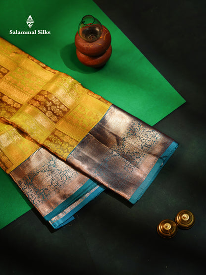 Light Mustard Yellow Bridal Pure Kanjivaram Silk Saree With Contrast Peacock Blue Traditional Border