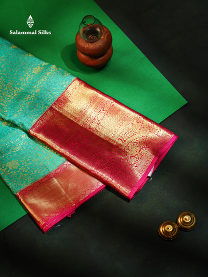 Beautiful Sapphire Green Bridal Pure Kanjivaram Silk Saree With Contrast Magenta Pink Traditional Evening Morning Border