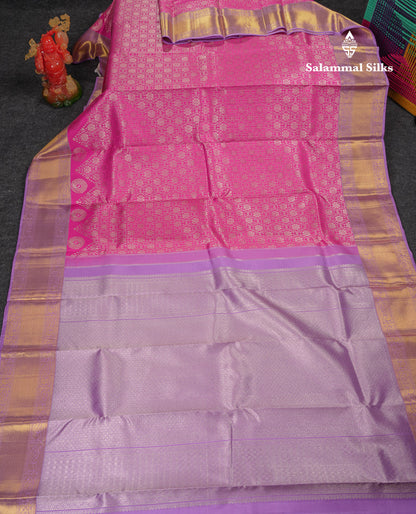 Beautiful Pink Bridal Pure Kanjivaram Silk Saree With Contrast Lavender Traditional Border