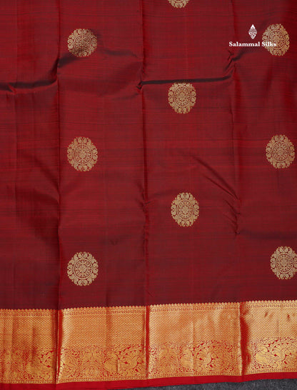 Pure Kanjivaram Silk Saree - Dark Maroon Colour Body Butta With Contrast Red Traditional Border
