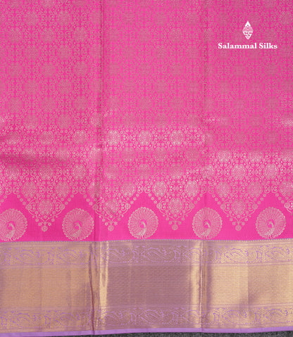 Beautiful Pink Bridal Pure Kanjivaram Silk Saree With Contrast Lavender Traditional Border