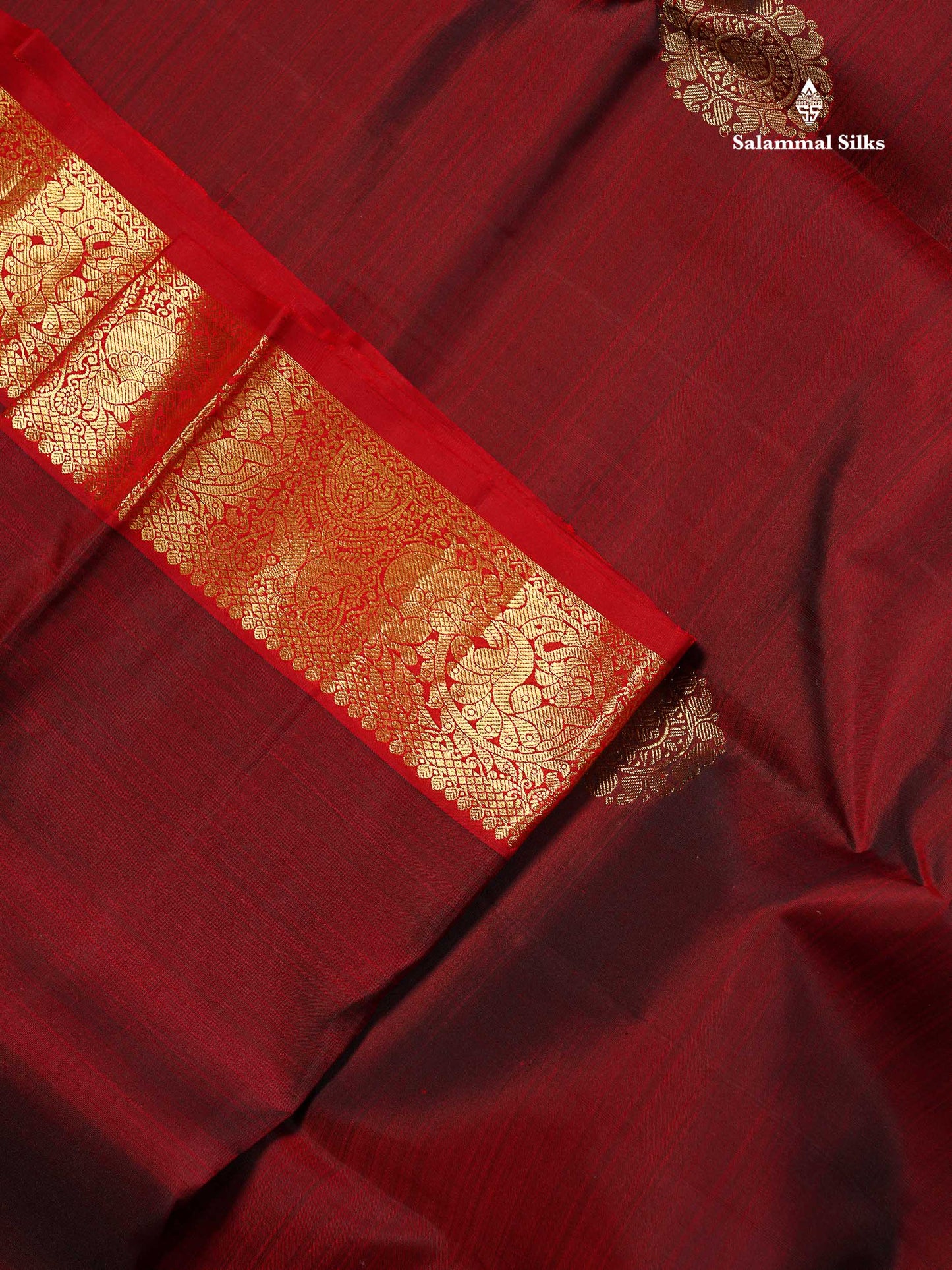 Pure Kanjivaram Silk Saree - Dark Maroon Colour Body Butta With Contrast Red Traditional Border