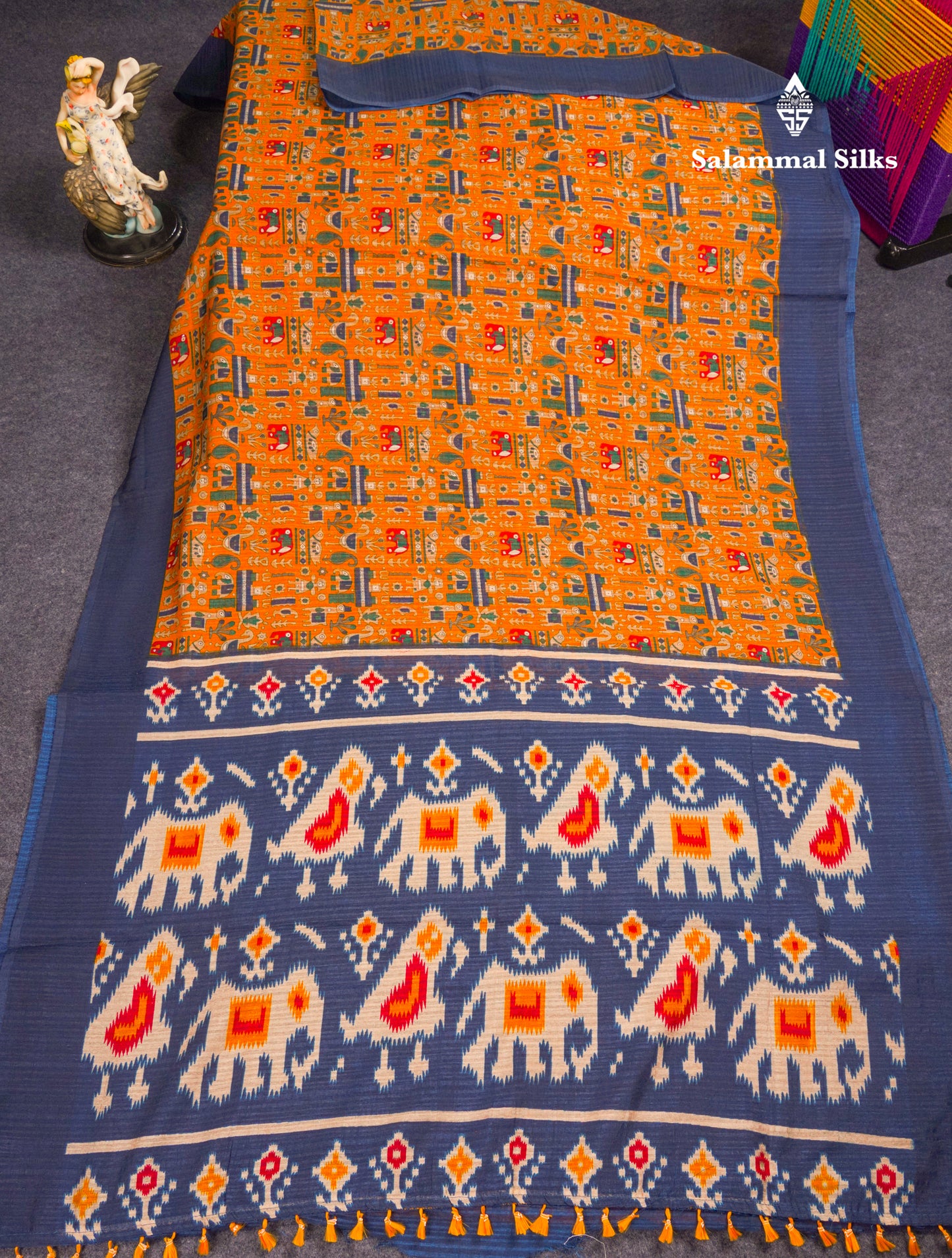 Mustard Yellow Semi Tussar Fancy Saree With Contrast Navy Blue Blouse