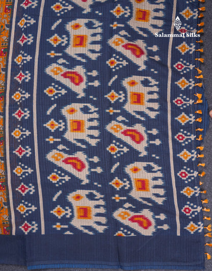 Mustard Yellow Semi Tussar Fancy Saree With Contrast Navy Blue Blouse