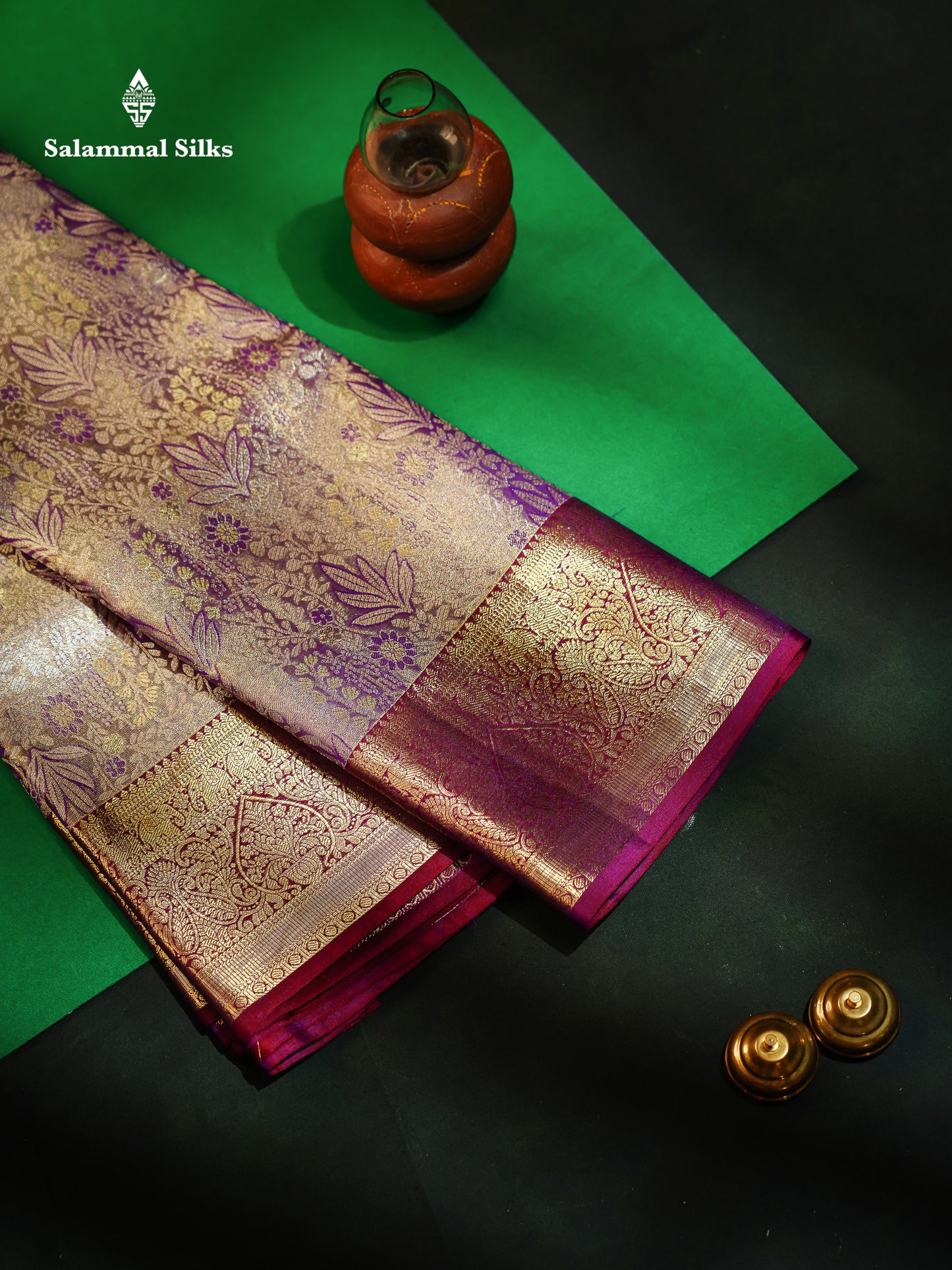 Violet Tissue Bridal Pure Kanjivaram Silk Saree With Contrast Dark Purple Traditional Border