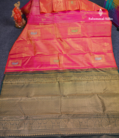 Beautiful Orange Vaira Oosi Menakari Work Fancy Pure Kanjivaram Silk Saree With Contrast Bottle Green Blouse