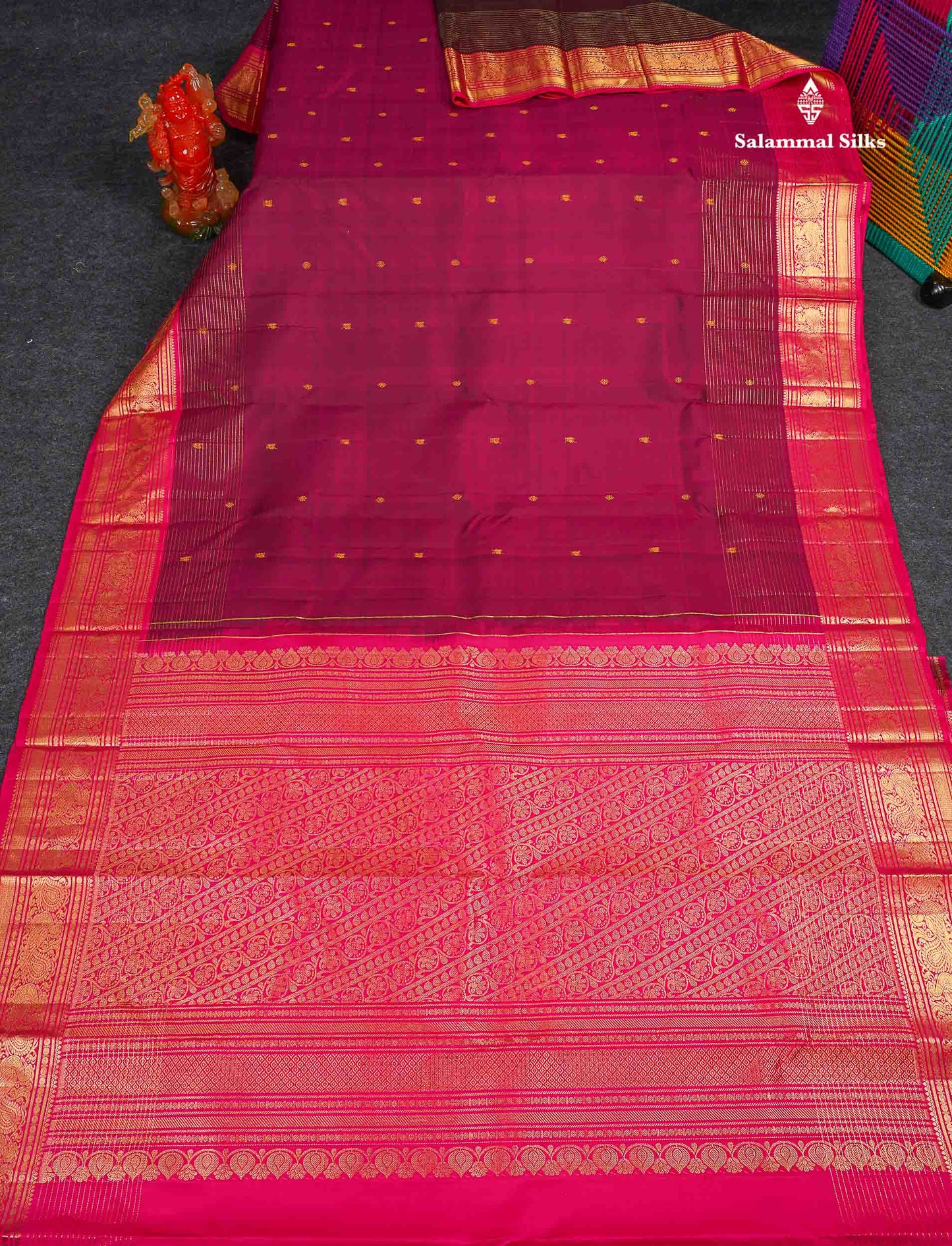 Pure Kanjivaram Silk Saree - Dark Magenta Colour Body Butta With Contrast Pink Traditional Border