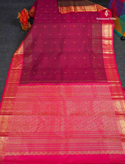 Pure Kanjivaram Silk Saree - Dark Magenta Colour Body Butta With Contrast Pink Traditional Border