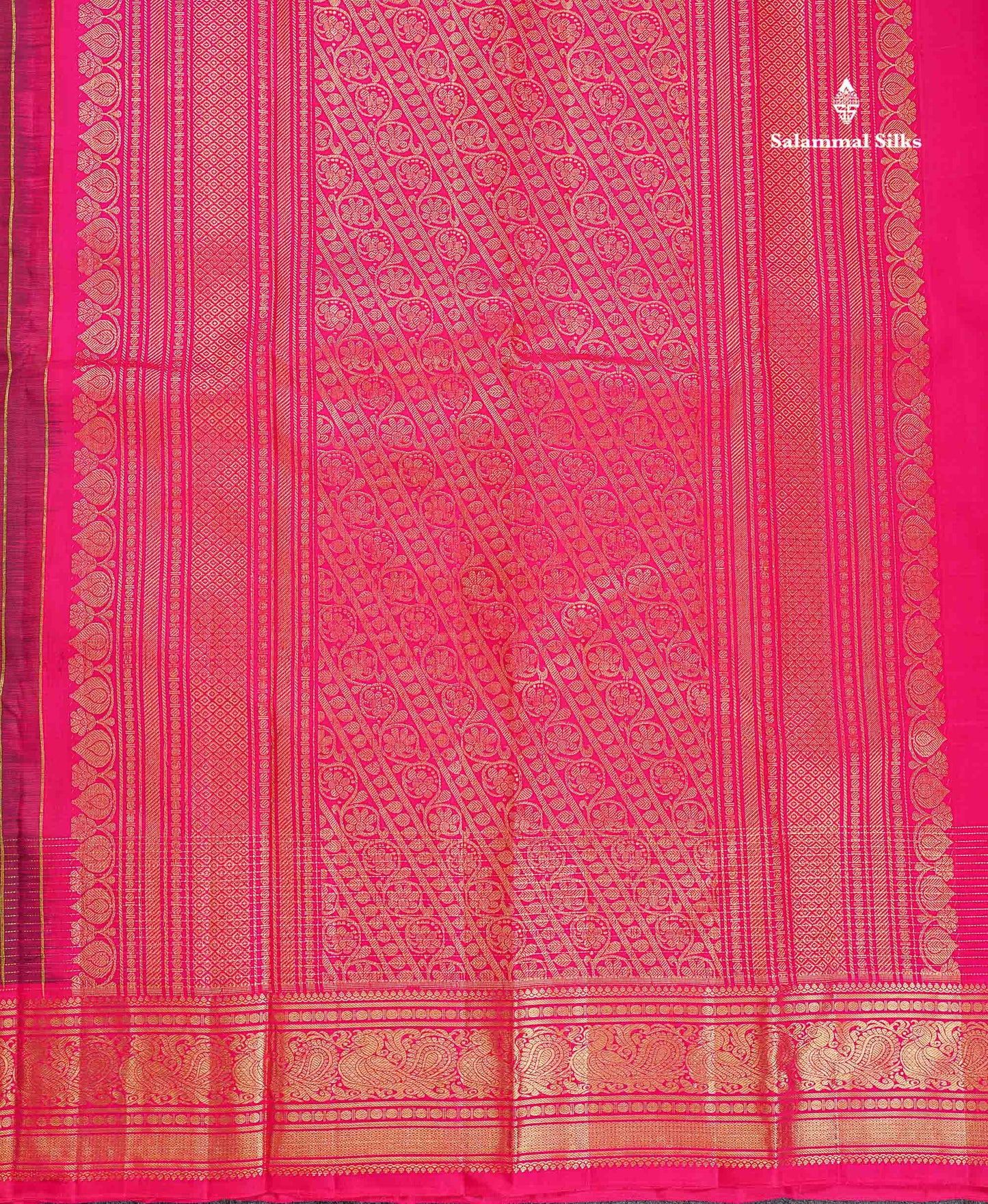 Pure Kanjivaram Silk Saree - Dark Magenta Colour Body Butta With Contrast Pink Traditional Border
