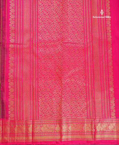 Pure Kanjivaram Silk Saree - Dark Magenta Colour Body Butta With Contrast Pink Traditional Border