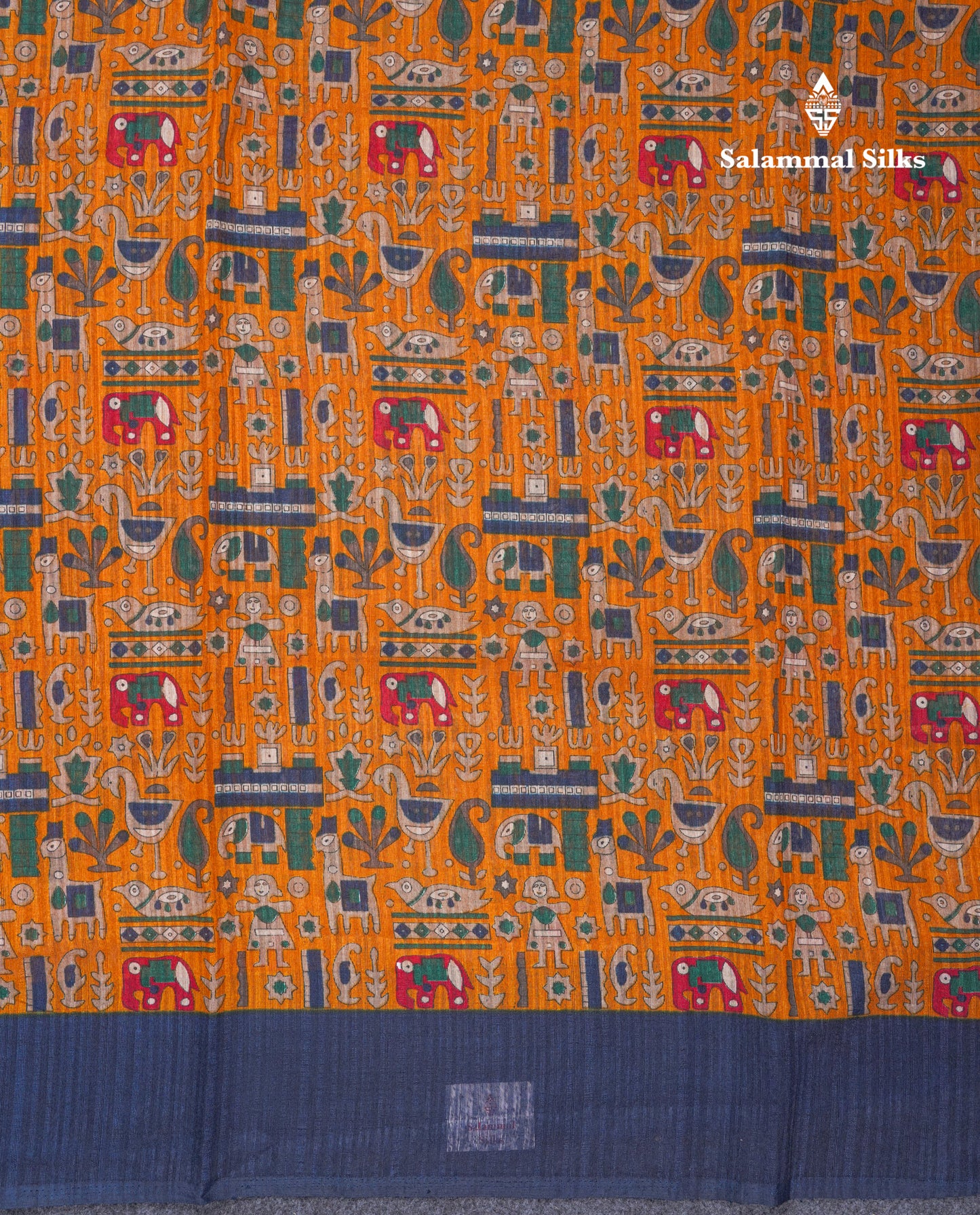 Mustard Yellow Semi Tussar Fancy Saree With Contrast Navy Blue Blouse