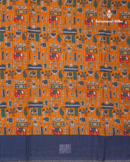 Mustard Yellow Semi Tussar Fancy Saree With Contrast Navy Blue Blouse