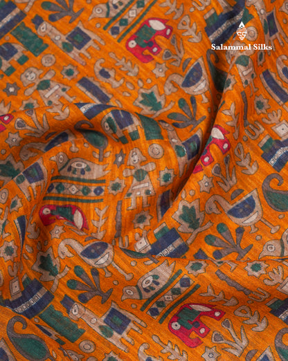 Mustard Yellow Semi Tussar Fancy Saree With Contrast Navy Blue Blouse