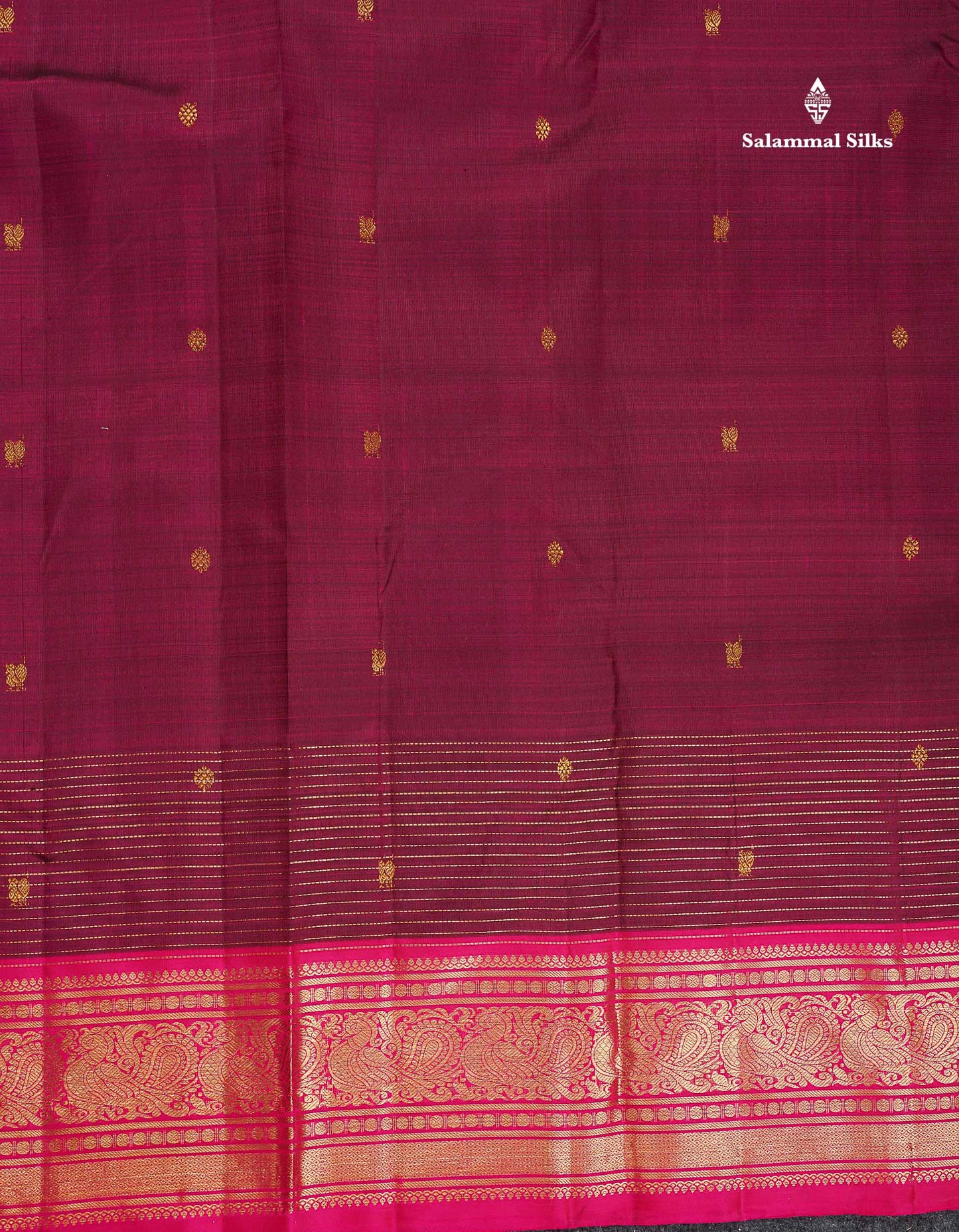 Pure Kanjivaram Silk Saree - Dark Magenta Colour Body Butta With Contrast Pink Traditional Border
