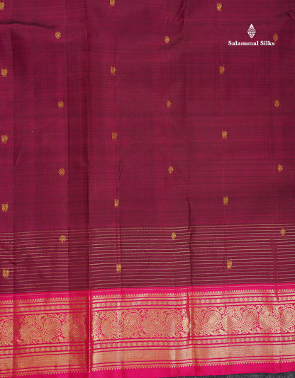 Pure Kanjivaram Silk Saree - Dark Magenta Colour Body Butta With Contrast Pink Traditional Border