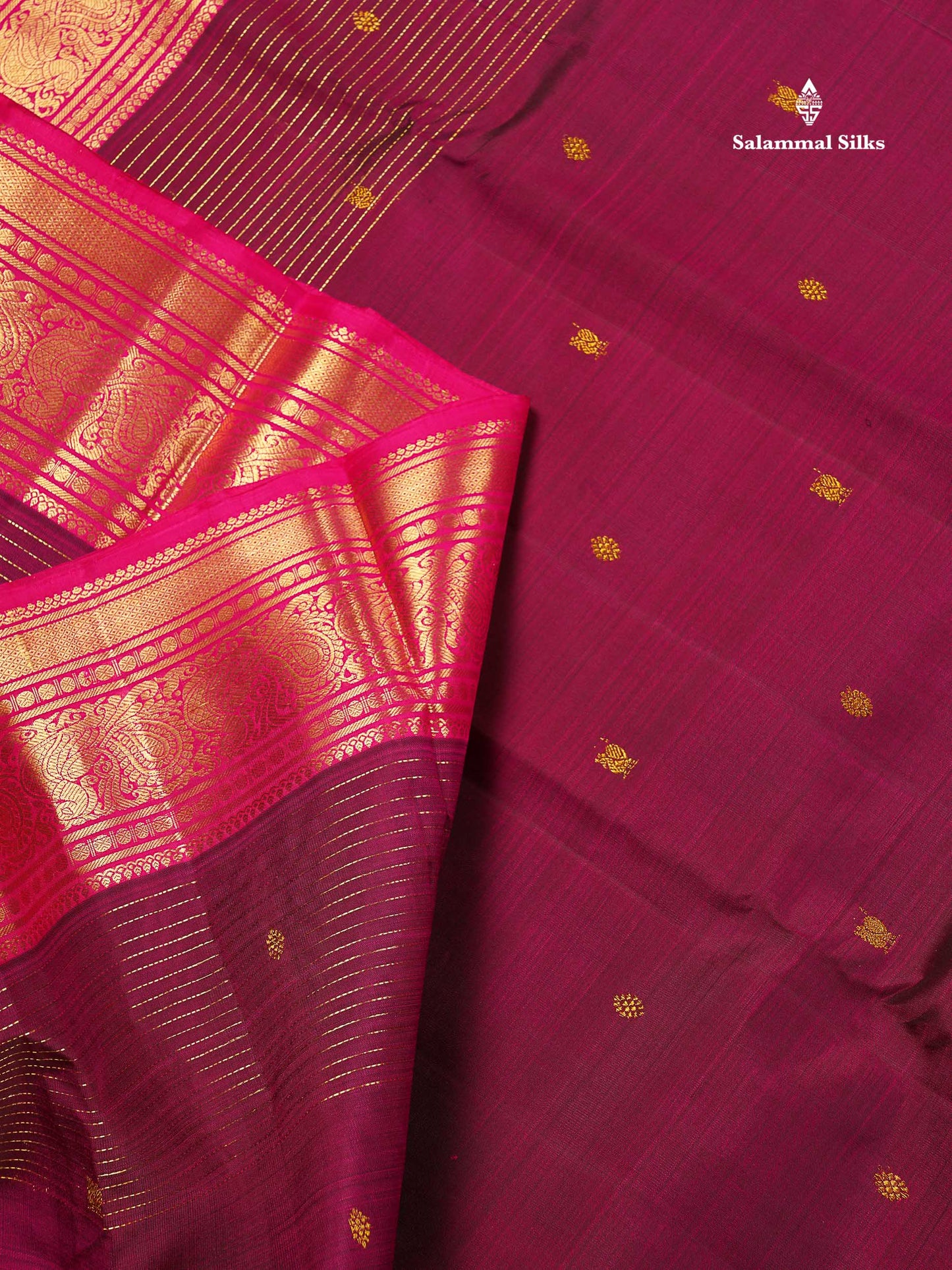 Pure Kanjivaram Silk Saree - Dark Magenta Colour Body Butta With Contrast Pink Traditional Border