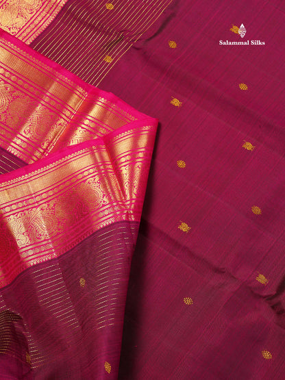 Pure Kanjivaram Silk Saree - Dark Magenta Colour Body Butta With Contrast Pink Traditional Border