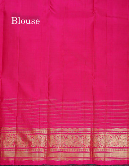 Pure Kanjivaram Silk Saree - Dark Magenta Colour Body Butta With Contrast Pink Traditional Border