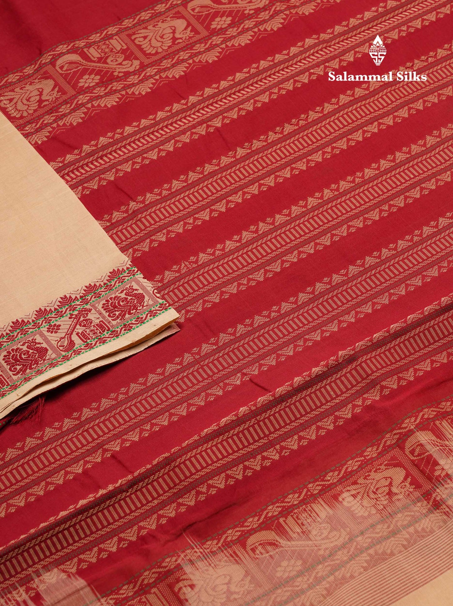 Beautiful Sandal Thread Buttas Handloom Semi Silk Cotton Saree With Maroon Traditional Thread Border