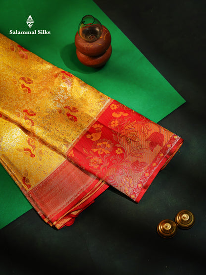 Beautiful Gold Tissue Bridal Pure Kanjivaram Silk Saree With Contrast Chilly Red Fancy Border