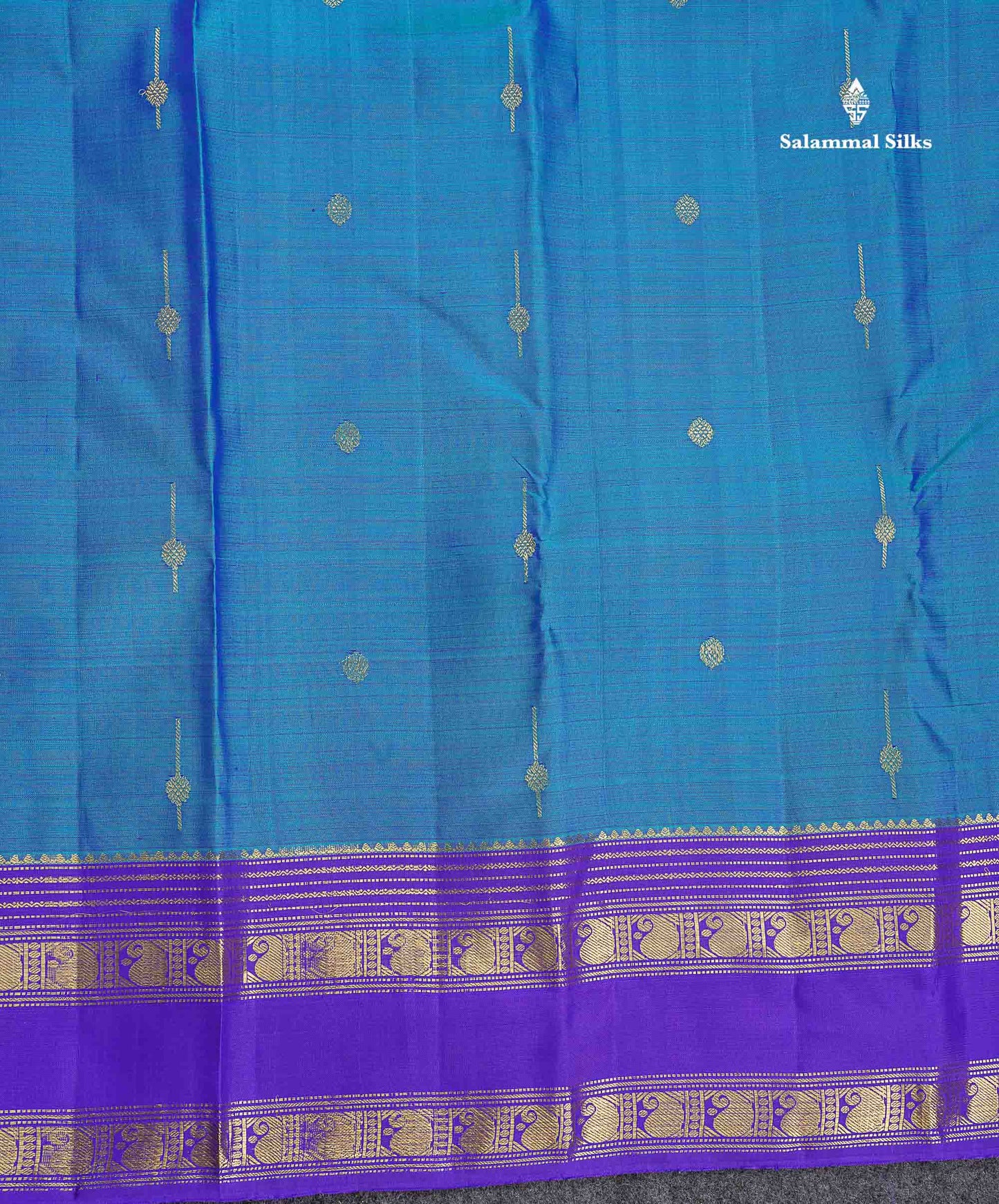 Pure Kanjivaram Silk Saree -Peacock Blue Colour Body Butta With Contrast Violet Traditional Gap Border