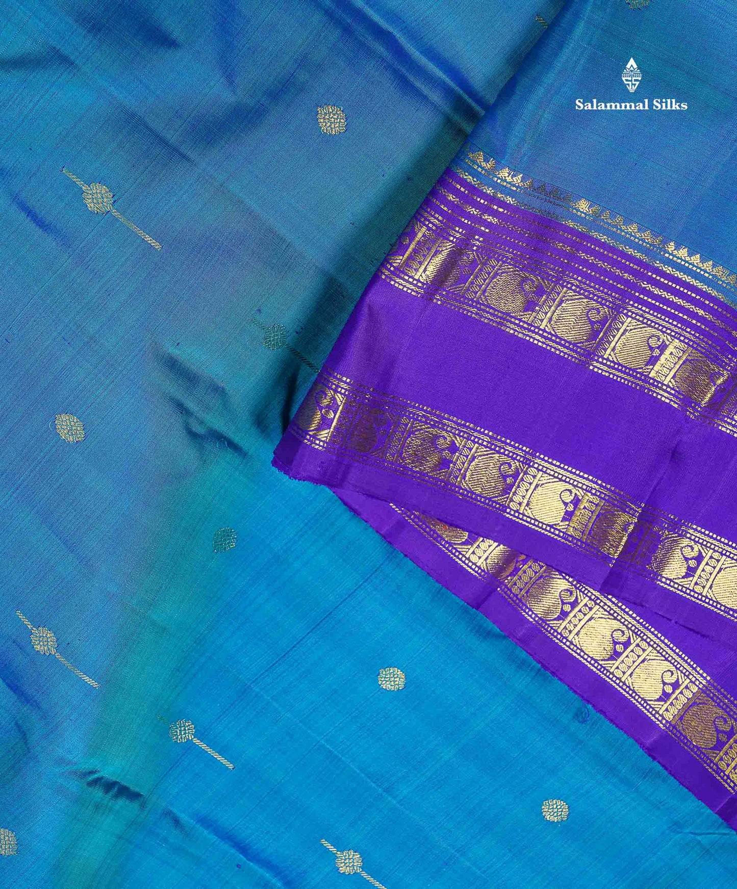 Pure Kanjivaram Silk Saree -Peacock Blue Colour Body Butta With Contrast Violet Traditional Gap Border