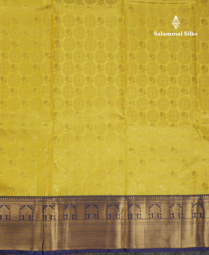 Beautiful Lemon Yellow Bridal Pure Kanjivaram Silk Saree With Contrast Navy Blue Traditional Border