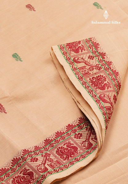 Beautiful Sandal Thread Buttas Handloom Semi Silk Cotton Saree With Maroon Traditional Thread Border