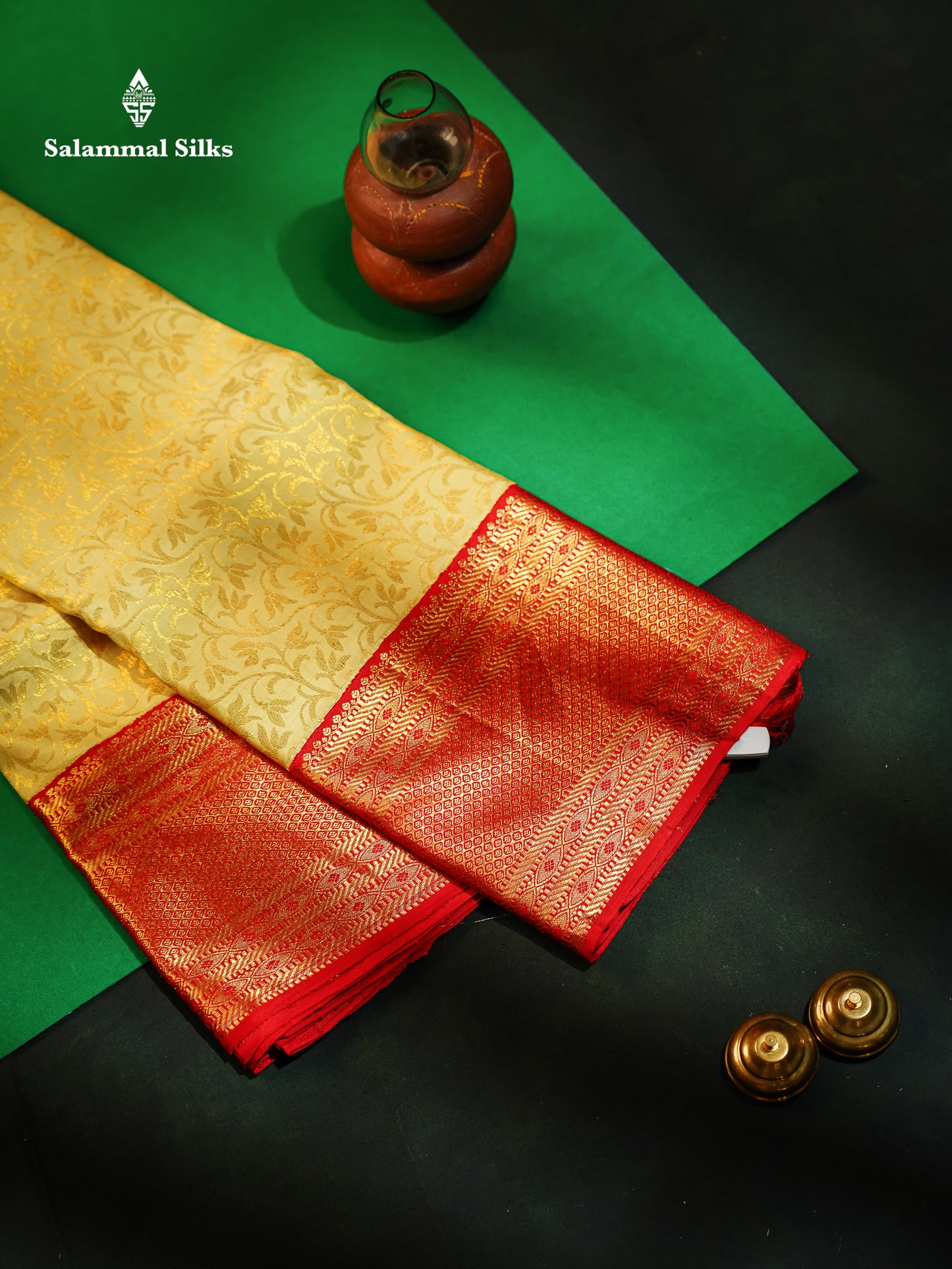 Korvai Sandal Bridal Pure Kanjivaram Silk Saree With Contrast Red Border