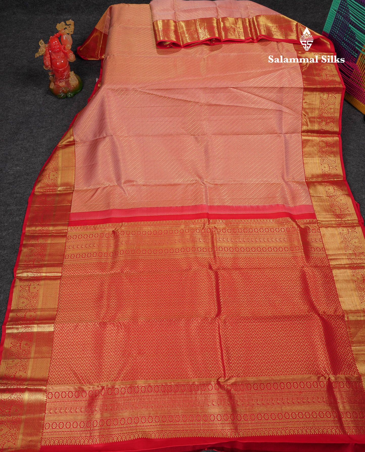 Beautiful Dark Peach Bridal Pure Kanjivaram Silk Saree With Contrast Chilly Red Traditional Border