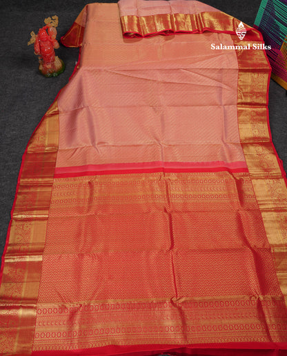 Beautiful Dark Peach Bridal Pure Kanjivaram Silk Saree With Contrast Chilly Red Traditional Border