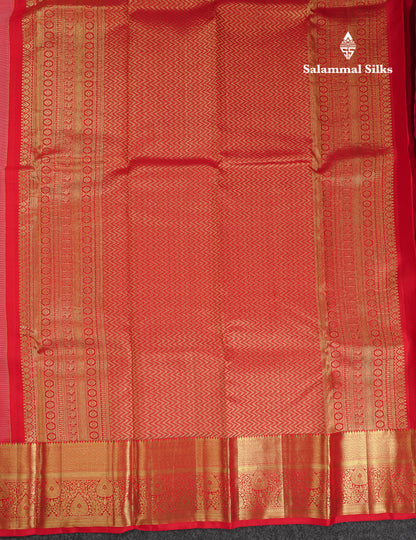 Beautiful Dark Peach Bridal Pure Kanjivaram Silk Saree With Contrast Chilly Red Traditional Border
